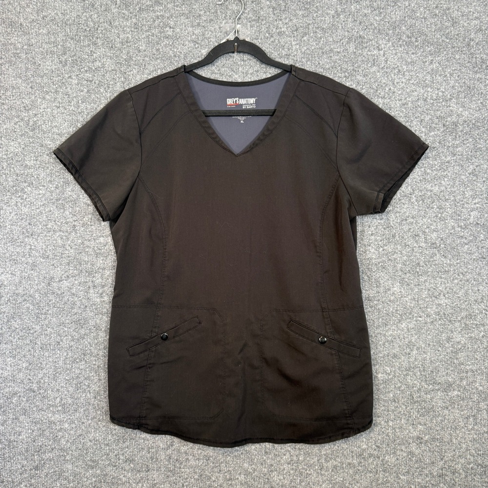 Greys Anatomy Scrub‎ Top Womens X Black Spandex Stretch V-Neck Nursing Adult
